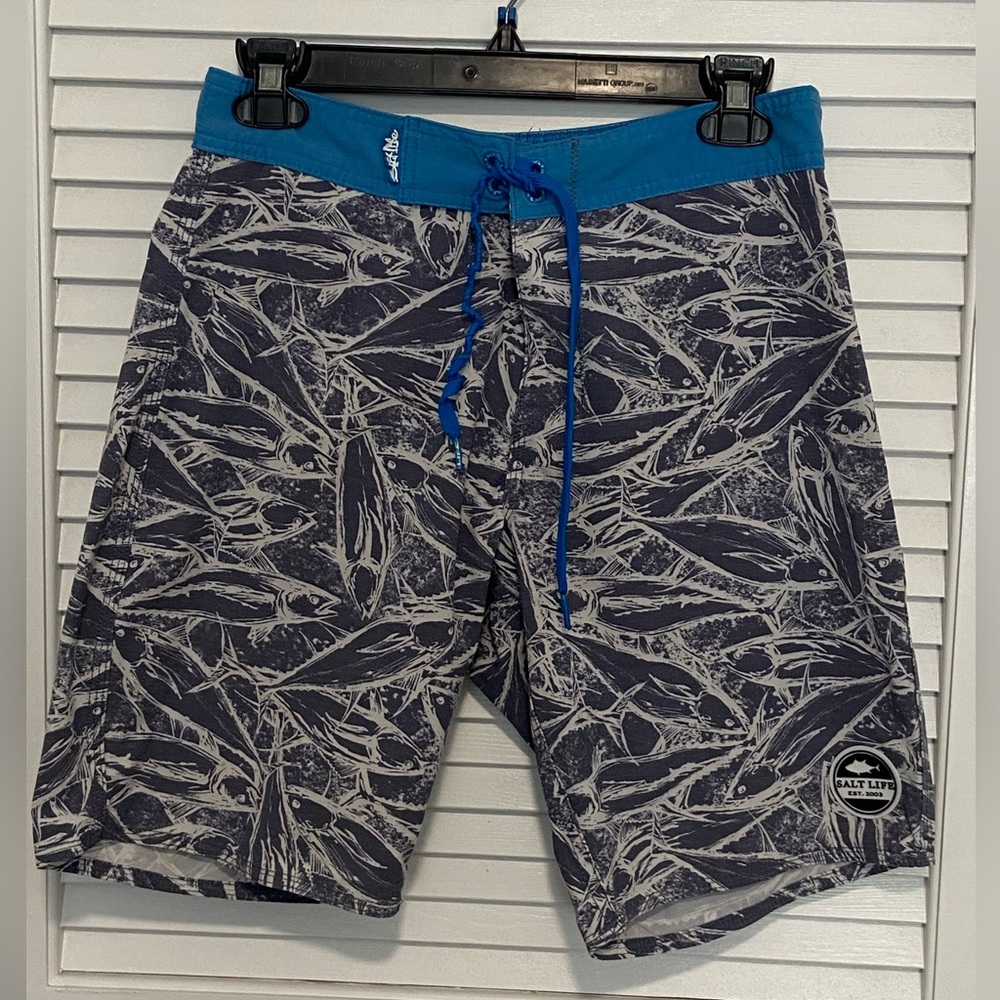 Salt Life Board Shorts, Grey and Light Blue, Size 28W
